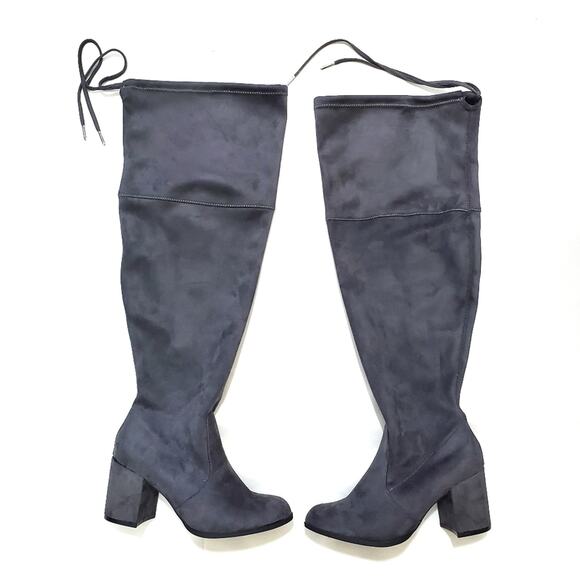 Torrid | Gray Suede Over-The-Knee Back Tie Block Heel Boots - Picture 2 of 14